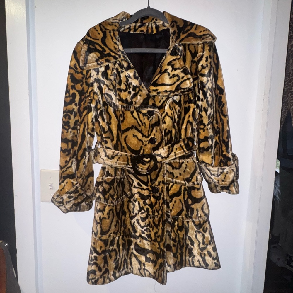 Vintage ocelot / leopard animal Print Faux Fur Trench Coat
